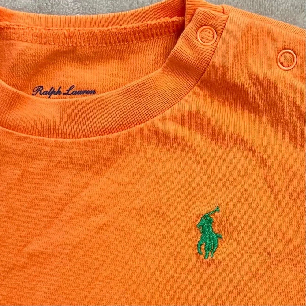 EUC Ralph Lauren Orange Cotton Short Sleeve T-Shirt Baby Boys 9M Snap Shoulder